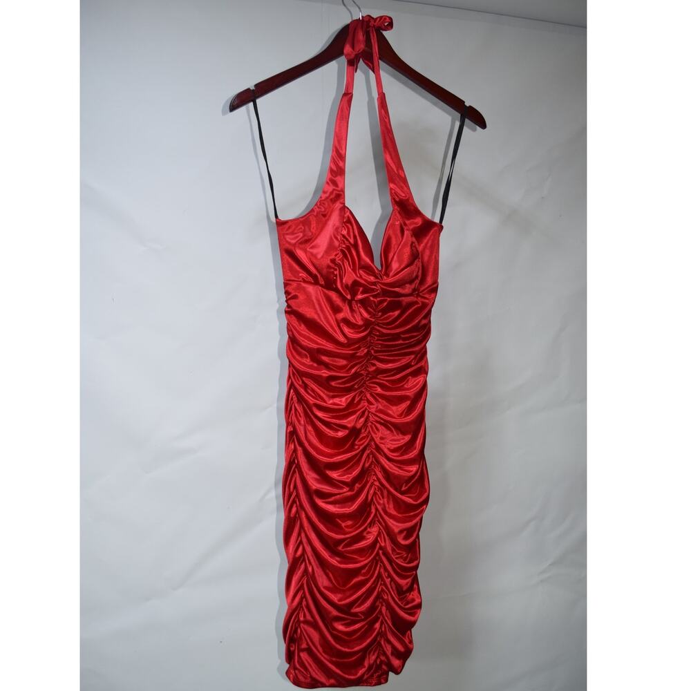Ruby Rox Y2K Red Satin Ruched Halter Bodycon Midi Dress Size L